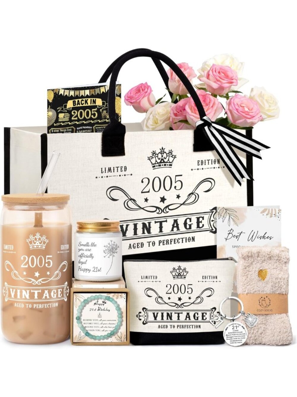 Happy 21st Birthday Gifts for Her - Glass Cup & Tote Bag Set, Fun 2005 Decor